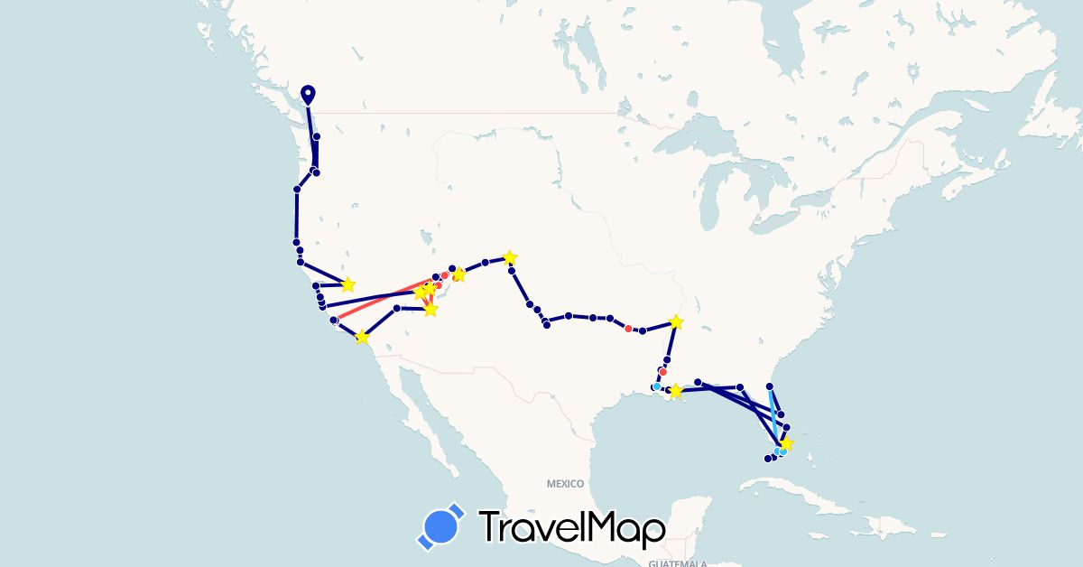 TravelMap itinerary: driving, hiking, boat in Canada, United States (North America)